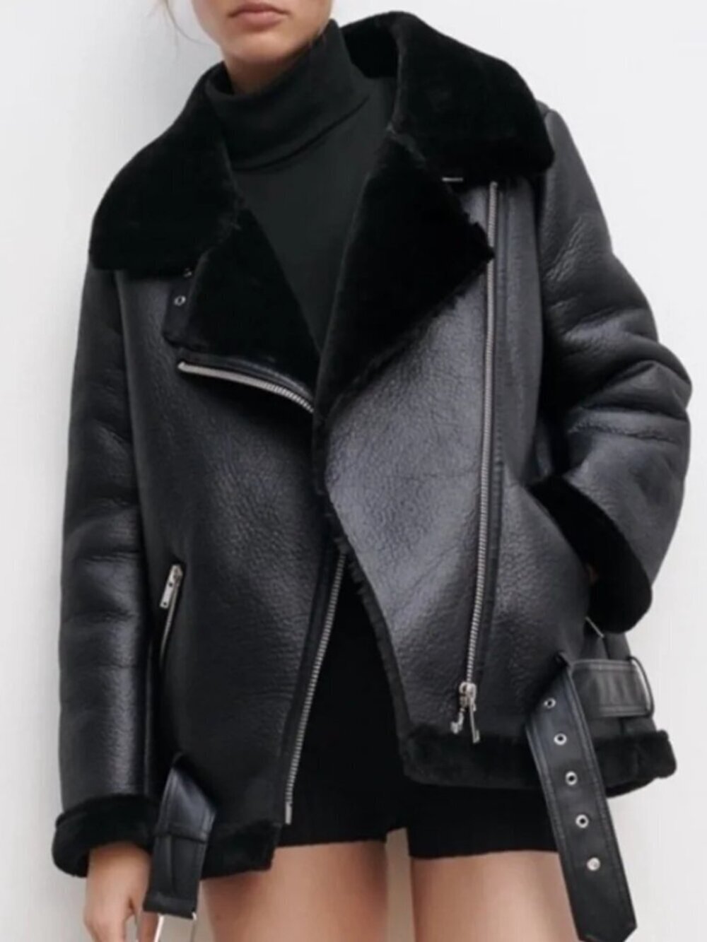 Zara Black Double-Faced Faux Shearling Biker Jacket